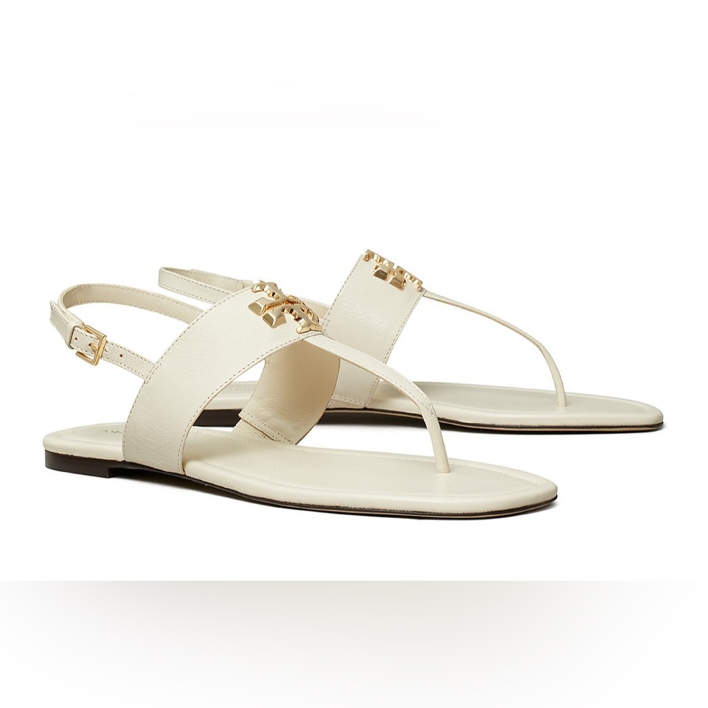 TORY BURCH Eleanor Thong Toe Logo Sandals GOAT LEATHER/Light cream size 8 - Picture 1 of 10